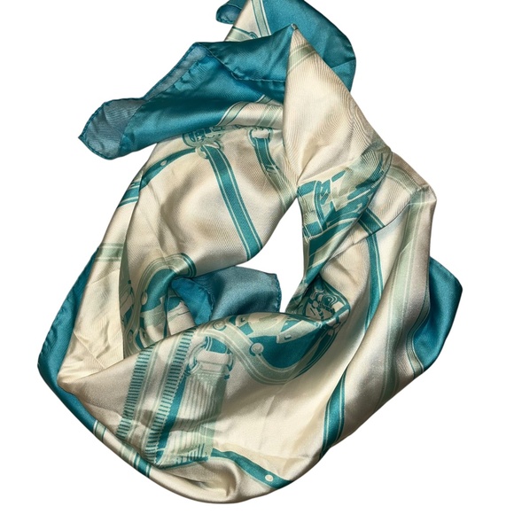 turquoise cream silk horse bridles equestrian hand rolled sewn scarf - Picture 3 of 8